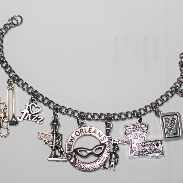 New Orleans Charm Bracelet, Stainless Steel New Orleans Bracelet, New Orleans Jewelry, Mardi Gras Bracelet, Mardi Gras Jewelry,