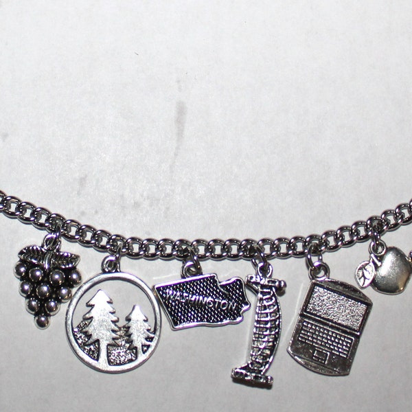 Washington State Charm Bracelet, Stainless Steel Washington State Bracelet, Evergreen State Charm Bracelet,  Washington Jewelry