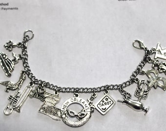 New Orleans Charm Bracelet, Stainless Steel New Orleans Bracelet, New Orleans Jewelry, Mardi Gras Bracelet, Mardi Gras Jewelry,