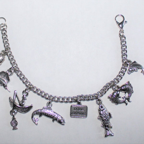 Fishing Charm Bracelet,  Stainless Steel Fishing Bracelet, Fishing Jewelry, Fish Bracelet,