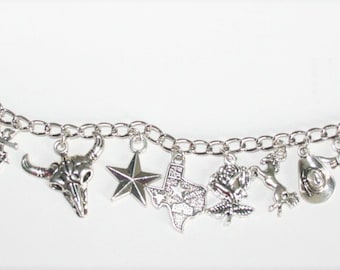 Texas Charm Bracelet, Stainless Steel Texan Bracelet, Lone Star State Bracelet, Texas State Bracelet, Texas Longhorn Bracelet, Texas Jewelry