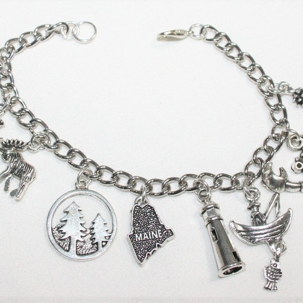 Maine Charm Bracelet,  Stainless Steel Maine Bracelet,  State of Maine Charm Bracelet, Maine State Jewelry, Pine Tree State Bracelet,