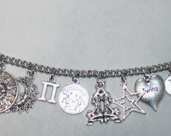 Gemini Charm Bracelet, Stainless Steel Zodiac Charm Bracelet, Stainless Steel Charm Bracelet, Astrology Bracelet