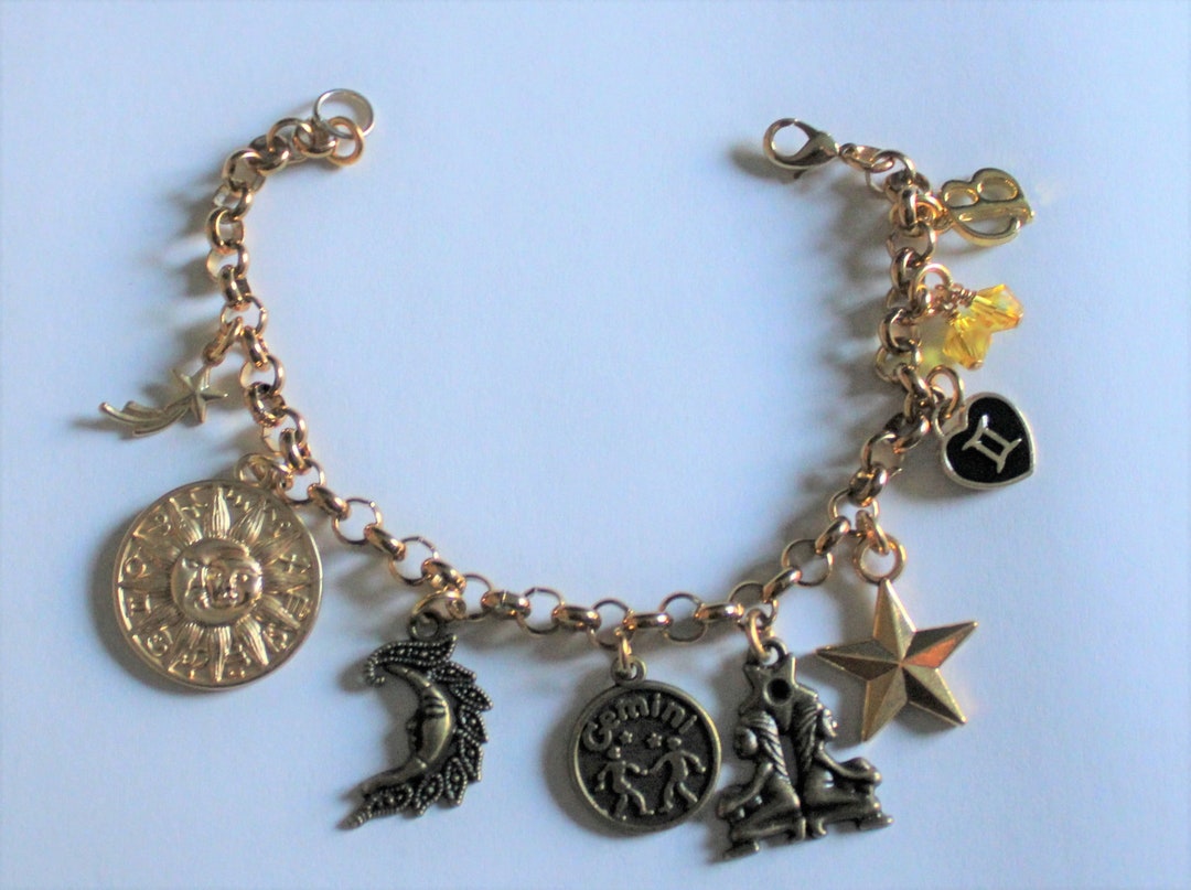 Gold Gemini Charm Bracelet, Stainless Steel Zodiac Charm Bracelet