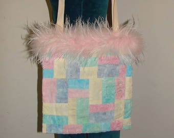 Spring Jems hand dyed velvet patchwork hand bag with a pink boa feather trim handmade by me, Miss Patch