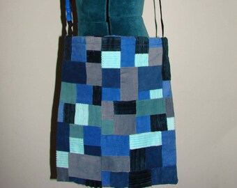 Electric blue navy blue cotton corduroy patchwork messenger type bag with adjustable strap handmade by me, Miss Patch