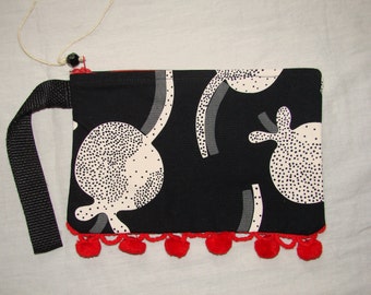 Black and white "Retro Fruit" cotton zippered pouch with red ball trim handmade by me, Miss Patch