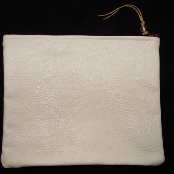 White vinyl leather like zippered pouch handmade by me, Miss Patch