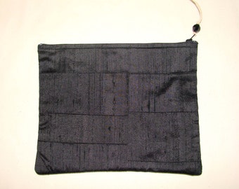 XL Black Dupioni silk handmade patchwork quilted zippered pouch by me, Miss Patch