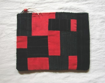 Red and Black corduroy patchwork zippered pouch, handmade by me, Miss Patch