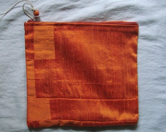 Halloween orange Dupioni silk patchwork zippered pouch handmade by me, Miss Patch