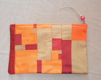 Fire Sunburst Dupioni silk handmade patchwork zippered pouch by me, Miss Patch