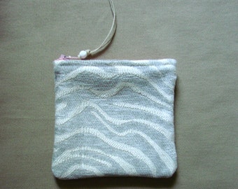 Velvet chenille gray and white zebra print zippered pouch handmade by me, Miss Patch