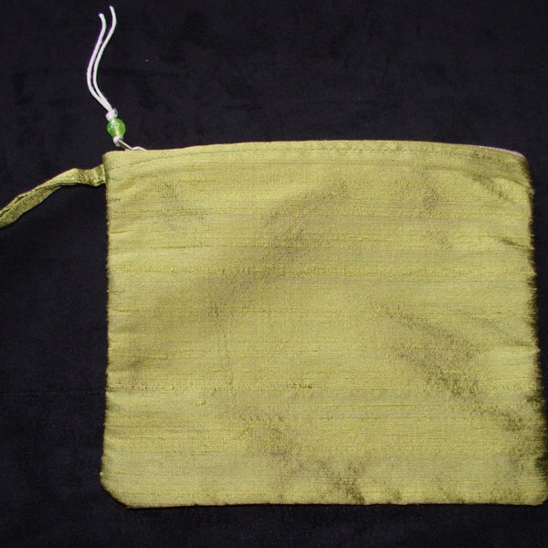 Handmade Lime green asian dupioni silk wrist strap zippered pouch by me, Miss Patch