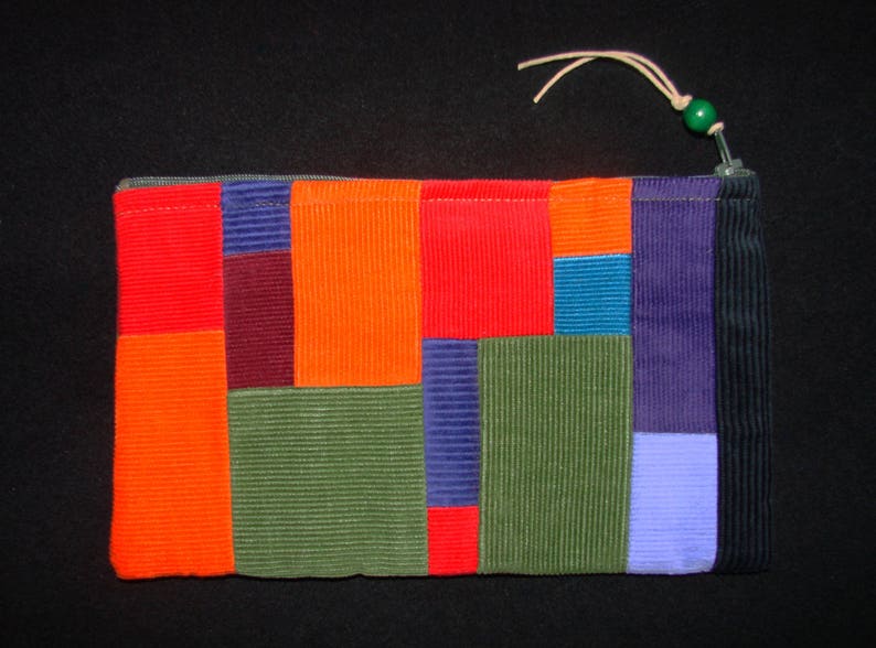 large Rainbow patchwork corduroy zippered pouch handmade by me Miss Patch