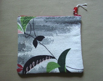 Floral cosmo vintage barkcloth handmade zippered pouch, by me, Miss Patch