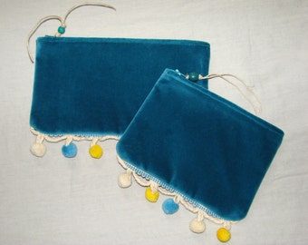 Turquoise Velvet circus ball trim zippered pouch set handmade by me, Miss Patch