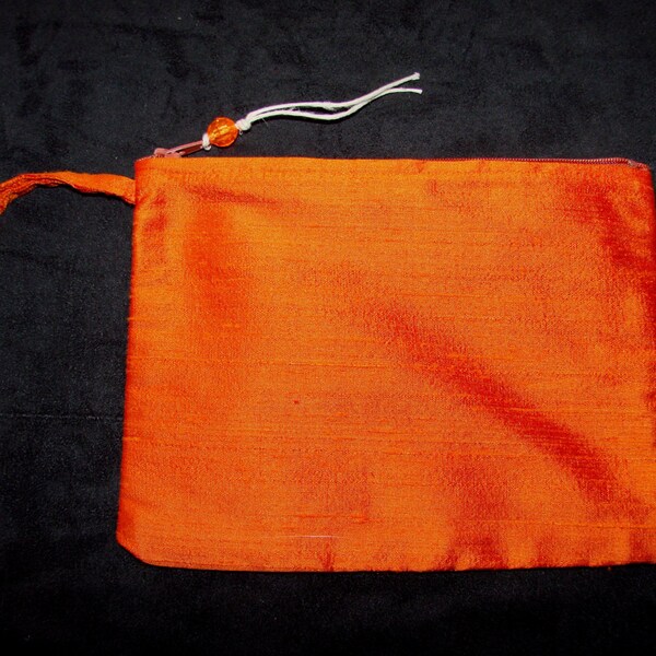 Handmade Halloween orange dupioni silk wrist strap zippered pouch by me, Miss Patch