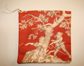 Toile in Rust orange and cream handmade zippered pouch by me, Miss Patch