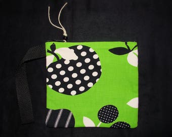 Black, white, and lime green "Retro Fruit" cotton zippered wrist strap pouch w handmade by me, Miss Patch