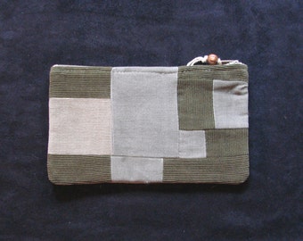 Khaki green and cream corduroy patchwork zippered pouch, handmade by me, Miss Patch