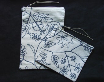 Beautiful White cotton embroidered zippered pouch set handmade by me, Miss Patch