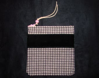 cute black and white gingham zippered pouch with a black velvet trim handmade by me, Miss Patch