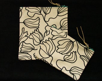 Black and white abstract flowers cotton zippered pouch handmade by me Miss Patch
