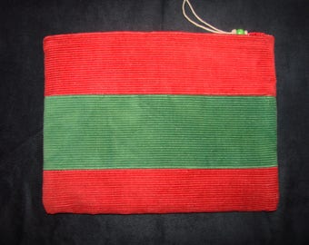 Red and Green Freddy Krueger Christmas striped corduroy patchwork pouch handmade by Miss Patch