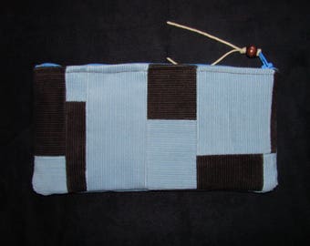 Sky blue and chocolate brown cotton corduroy patchwork pouch handmade by me, Miss Patch