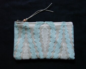 Cream satin with cream and ice teal velvet chenille design zippered pouch handmade by me, MIss Patch