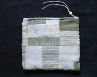 Khaki tan and cream corduroy patchwork zippered pouch, handmade by me, Miss Patch