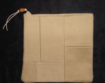 Khaki tan cotton denim patchwork zippered pouch handmade by me, Miss Patch