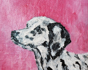 Dalmatian Puppy Dog Breed - Painting by marinelaArt -  Fine Art Painting on 4" x 4" Large Canvas Panel Painting