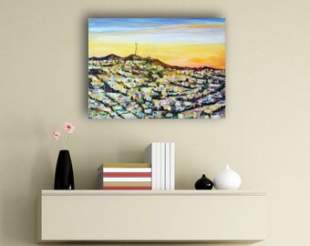 Sutro Tower Sunrise en San Francisco California Pintura por marinelaArt - Bellas Artes en 16 "x 12" Grandes Pinturas de Lienzo