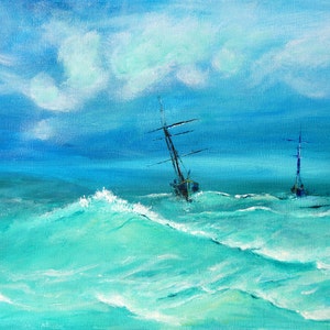 Sailboat on the Waves Painting by marinelaArt -  Fine Art Painting on 12&quot; x 9&quot; Large Canvas Paintings