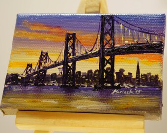 Bay Bridge bei Sonnenuntergang in San Francisco Kalifornien Gemälde von marinelaArt - Fine Art auf 5,5 x 10 cm große Leinwand Gemälde