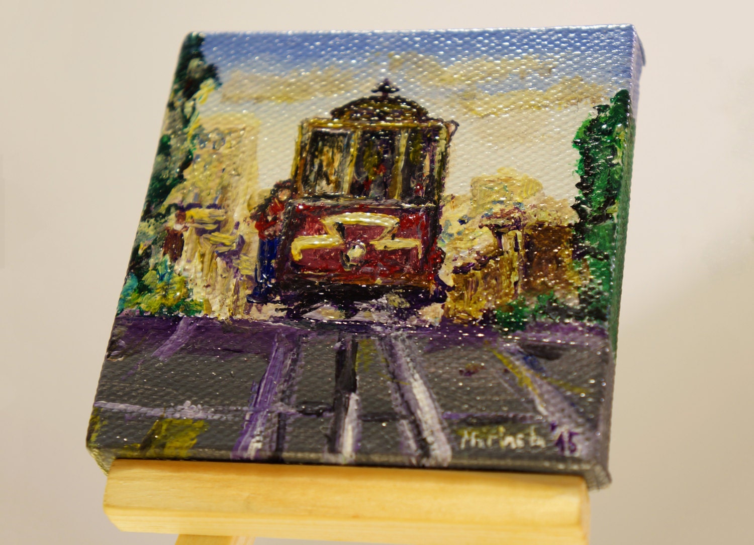 San Francisco Cable Car Painting by marinelaArt -  Fine Art Painting on 3" x 3" Large Canvas Paintings