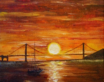 Sunset at Golden Gate Bridge in San Francisco Painting by marinelaArt -  Fine Art Painting on 8" x 8" Large Canvas Paintings