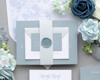 Dusty Blue Wedding Invitations, Script Monogram, Traditional Invitation Suite for Classic Weddings | SAMPLE | Beloved