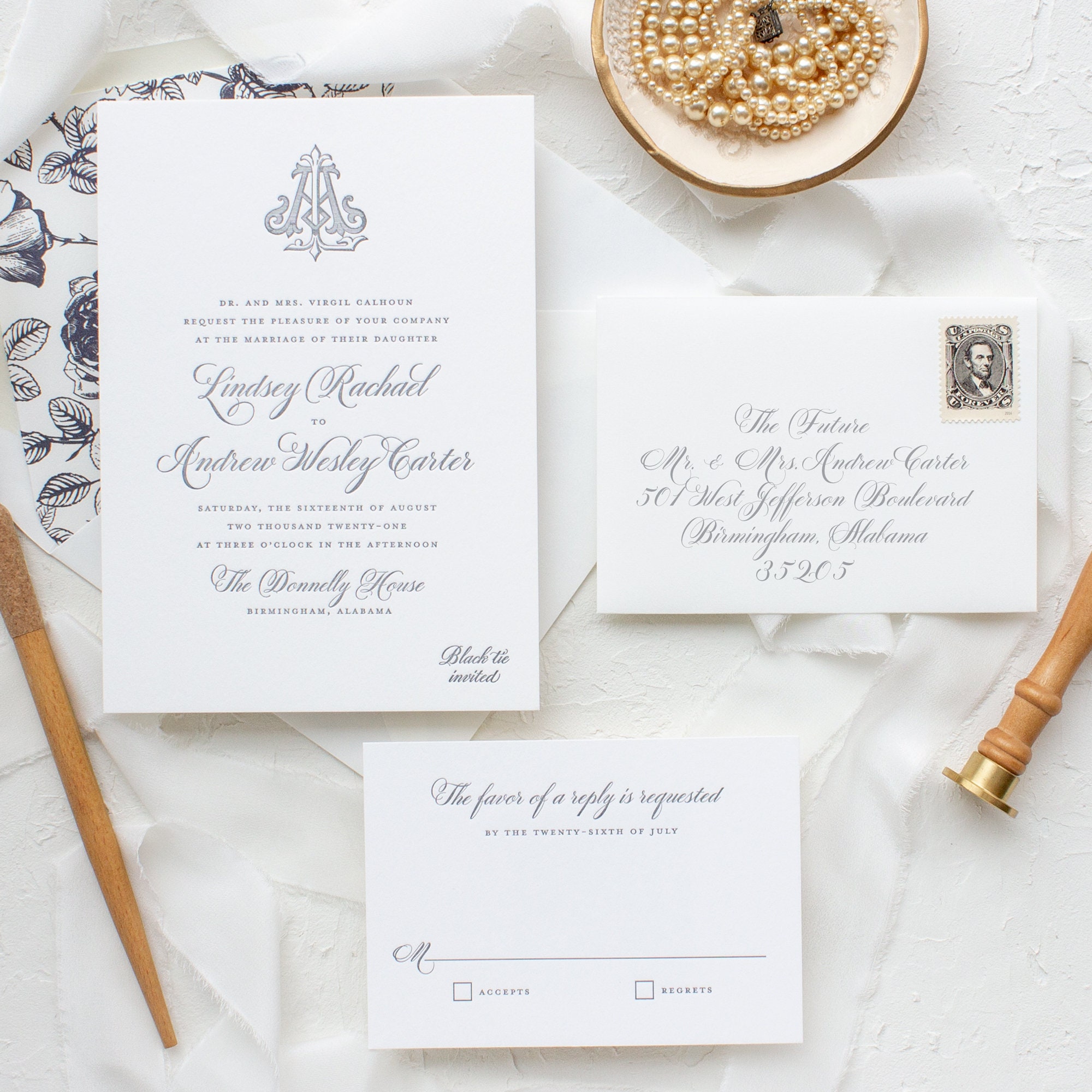 Traditional Letterpress Wedding Invitations with Vintage Monogram