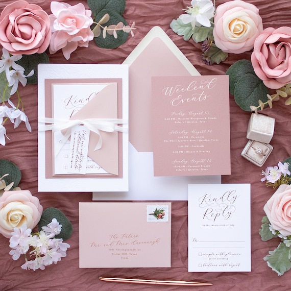 Rose Gold Foil Wedding Invitations, Blind Deboss and Rose Gold Foil Stamp Calligraphy Script Names Wedding Invitation | SAMPLE | Charming