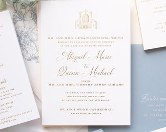 Wedding Venue Illustration Invitations, Greencrest Manor Invitations in Gold Foil with Venue Sketch | SAMPLE | Abby