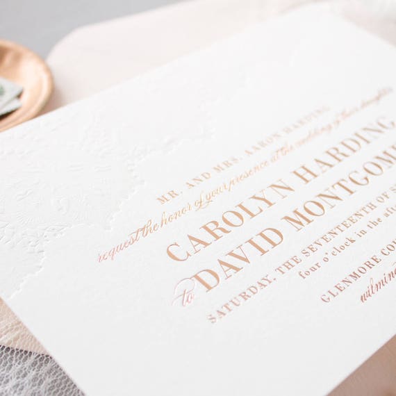 Rose Gold Foil Invitations, Blind Letterpress Lace Wedding Invites, Rose Gold Foil Stamp and Letterpress Invitation | SAMPLE | Delicate