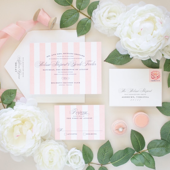 Letterpress Wedding Invitations, Pink Stripes Invite, Calligraphy Script Invites, Formal Wedding, Letterpress Invitation SAMPLES | Debonair