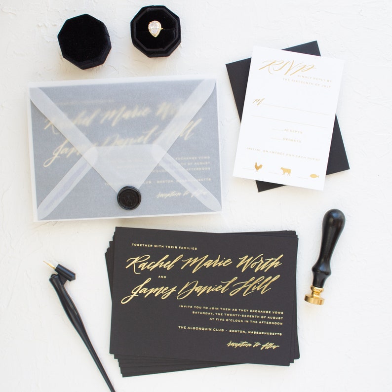 Black and Gold Wedding Invitations Vellum and Wax Seal Etsy
