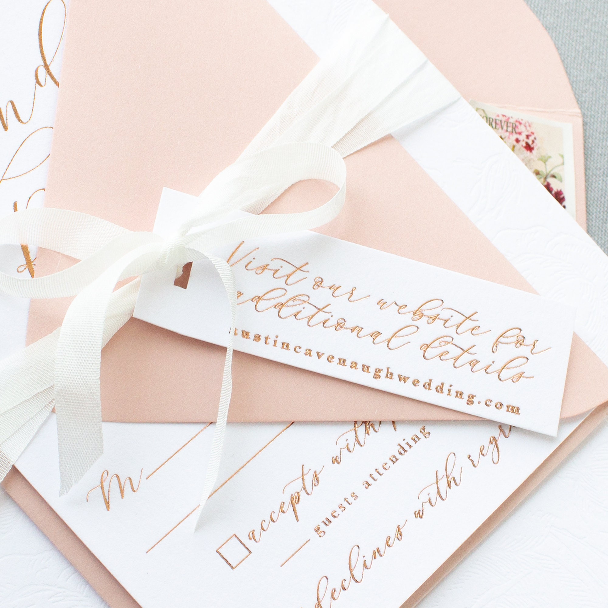 Rose Gold Foil Wedding Invitations, Blind Deboss and Rose