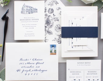 Navy Letterpress Wedding Invitations, Navy Blue Invitation Suite, Venue Sketch Wedding Invitation, SAMPLES | Clare