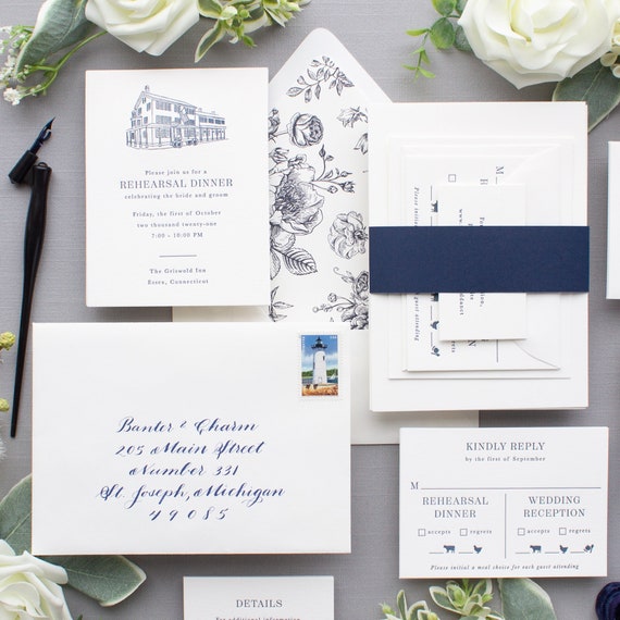 Navy Letterpress Wedding Invitations, Navy Blue Invitation Suite, Venue Sketch Wedding Invitation, SAMPLES | Clare