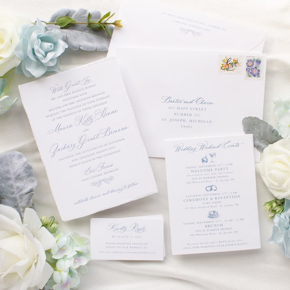 Etre Farms Wedding Invitations with deckled edge, French Blue Wedding Invitations | SAMPLE | Maura